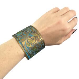 Artisan Gold Tone Floral Engraved Cuff Bracelet Boho Blue Green